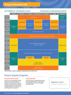 An information sheet showing available swimming programs